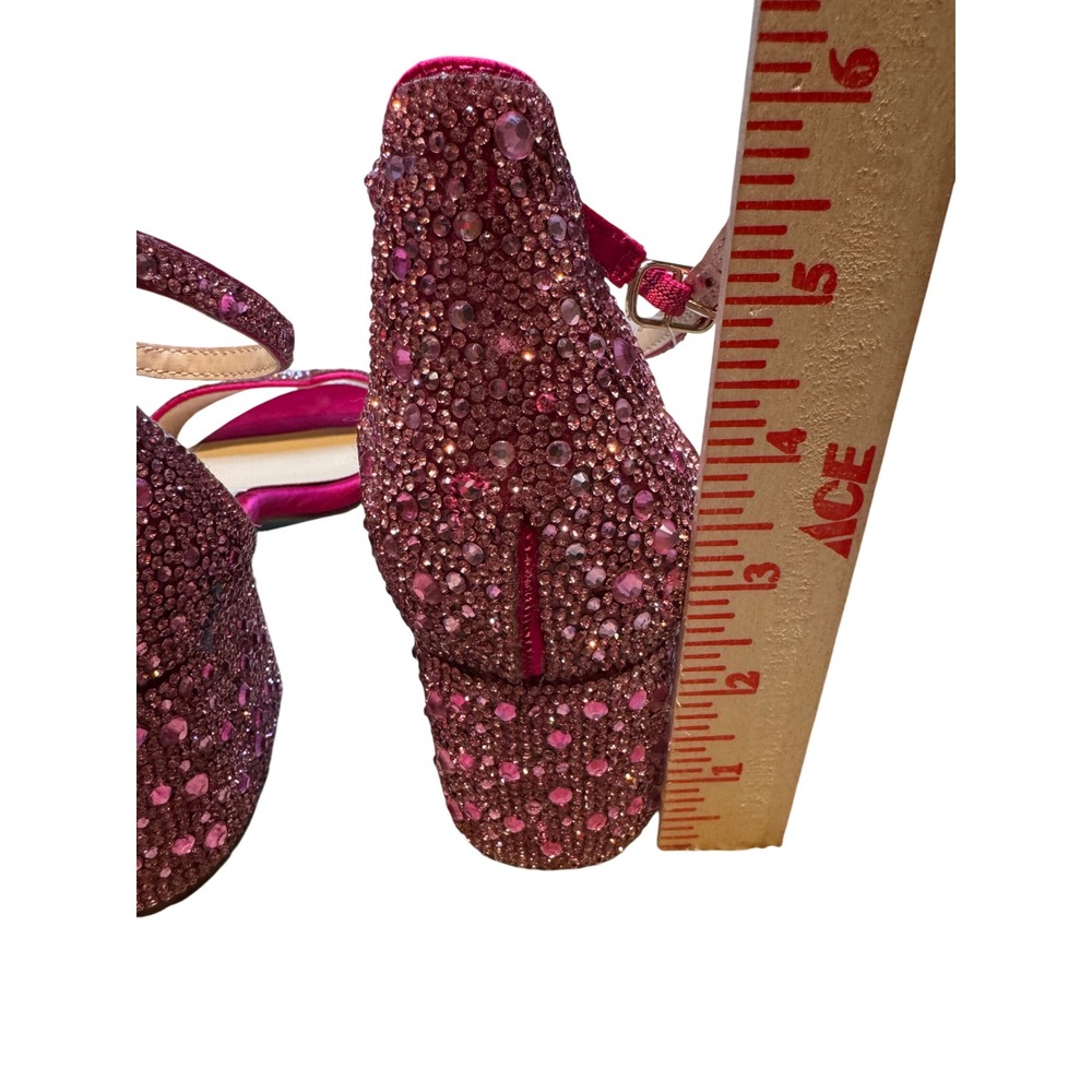 Betsey Johnson SB-MARI Fuchsia Pink Satin Rhinestone Block Heel Sandals Size 8.5 - Picture 8 of 13